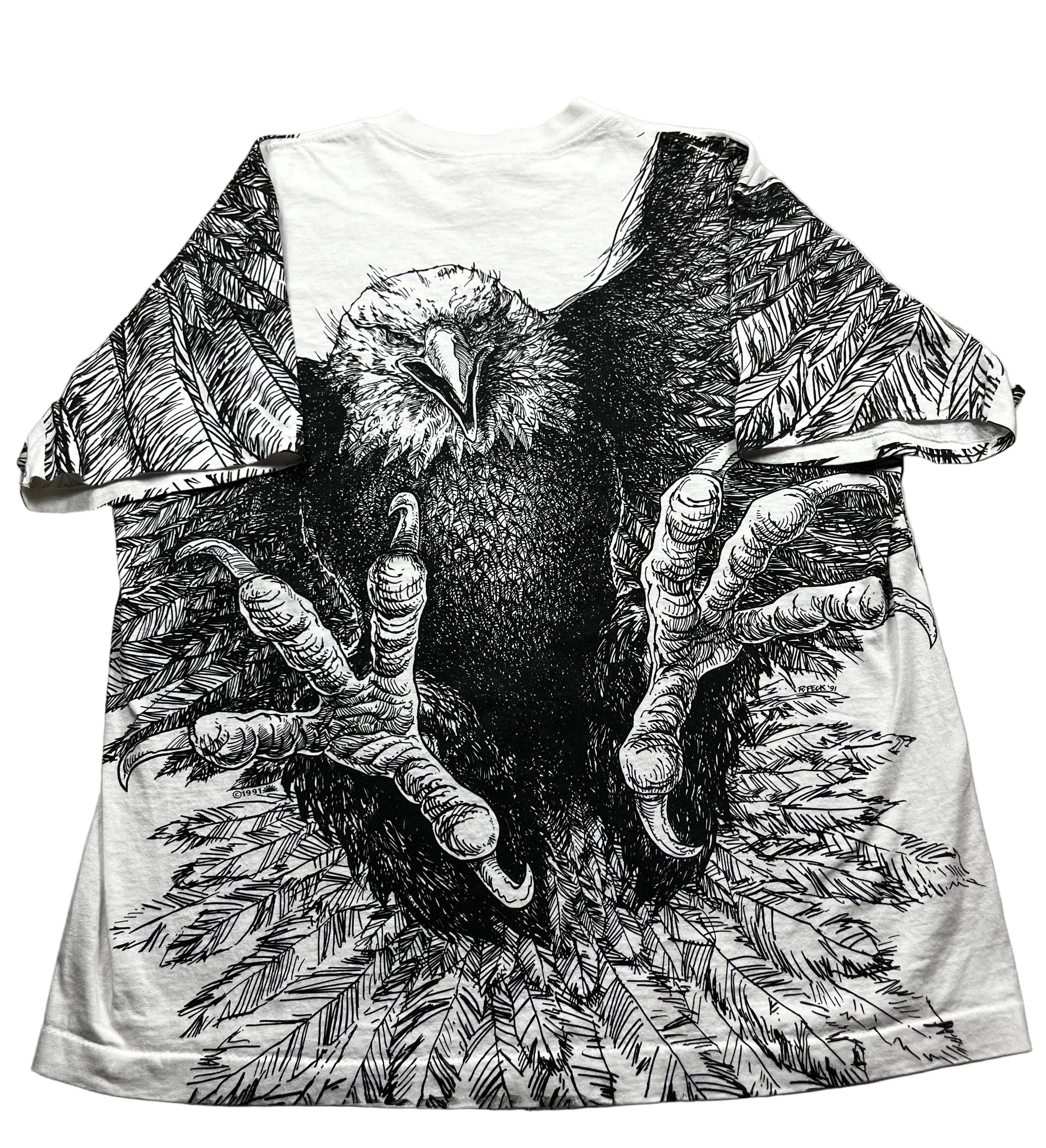 Vintage 1991 R. Peck Eagle Art All-Over Print Shirt