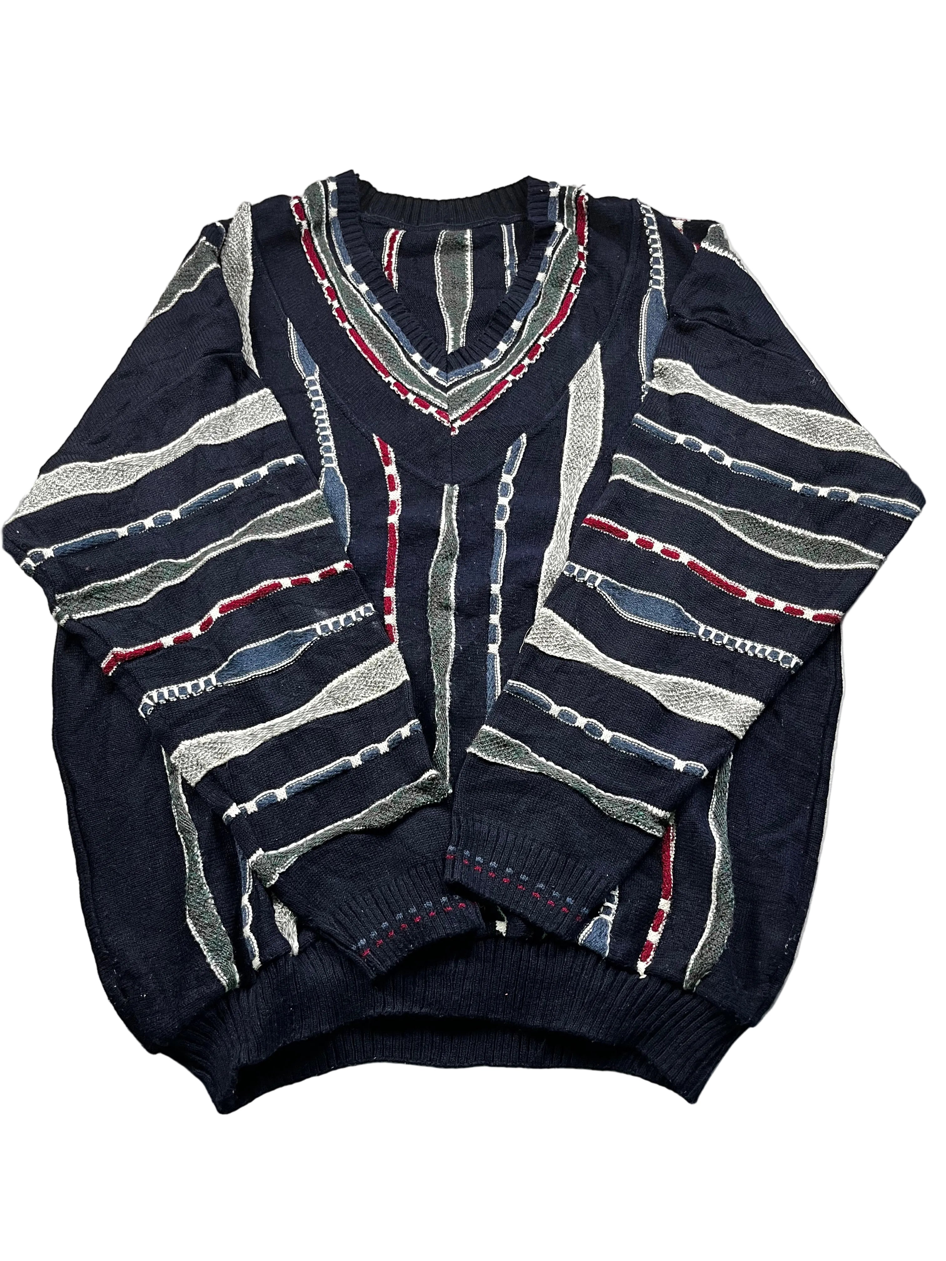 Vintage 90s Jumper V-neck Multi-Colored Textured Knit Pattern