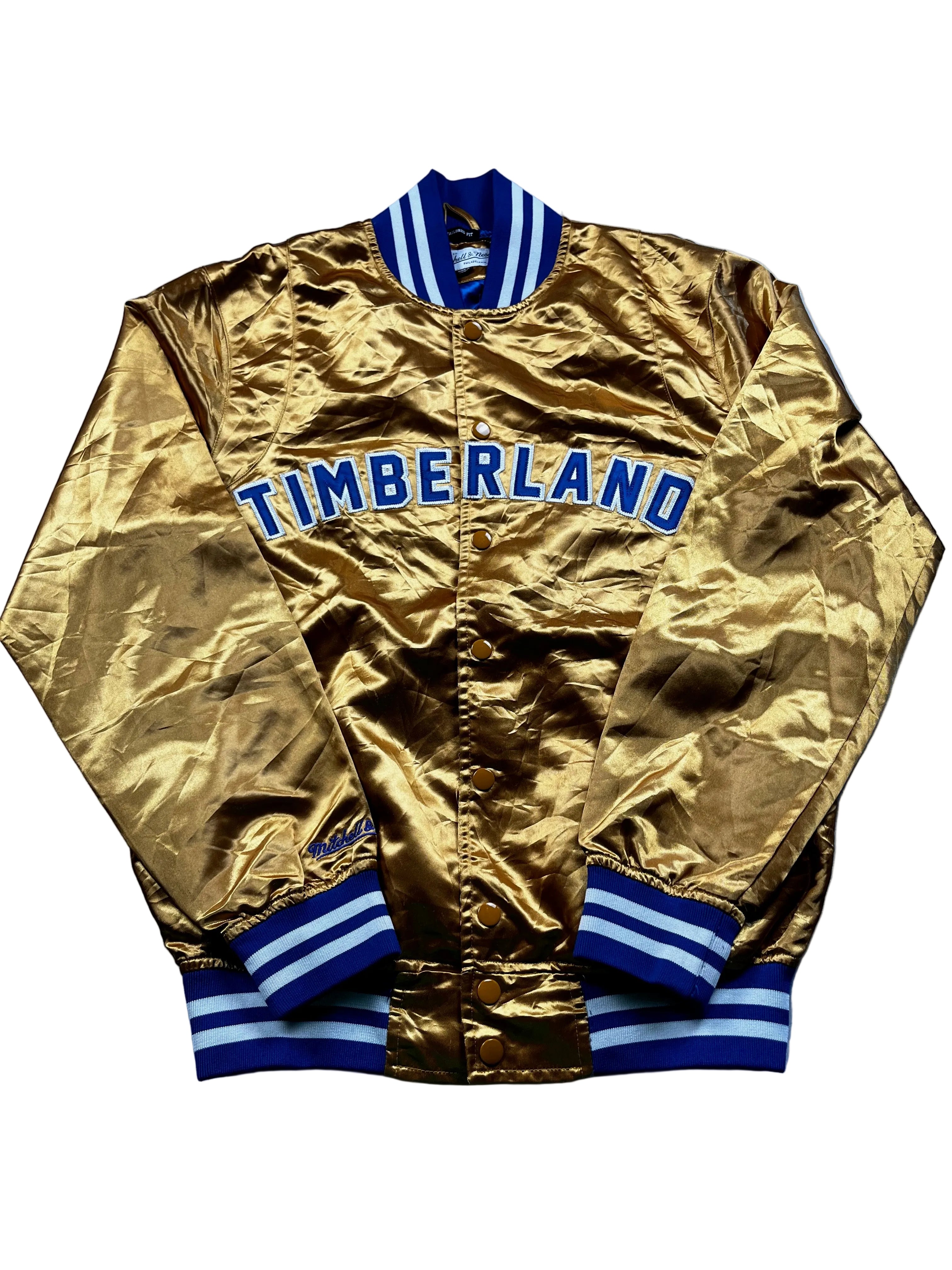 Mitchell & Ness x Timberland Gold Satin Varsity-Style Jacket