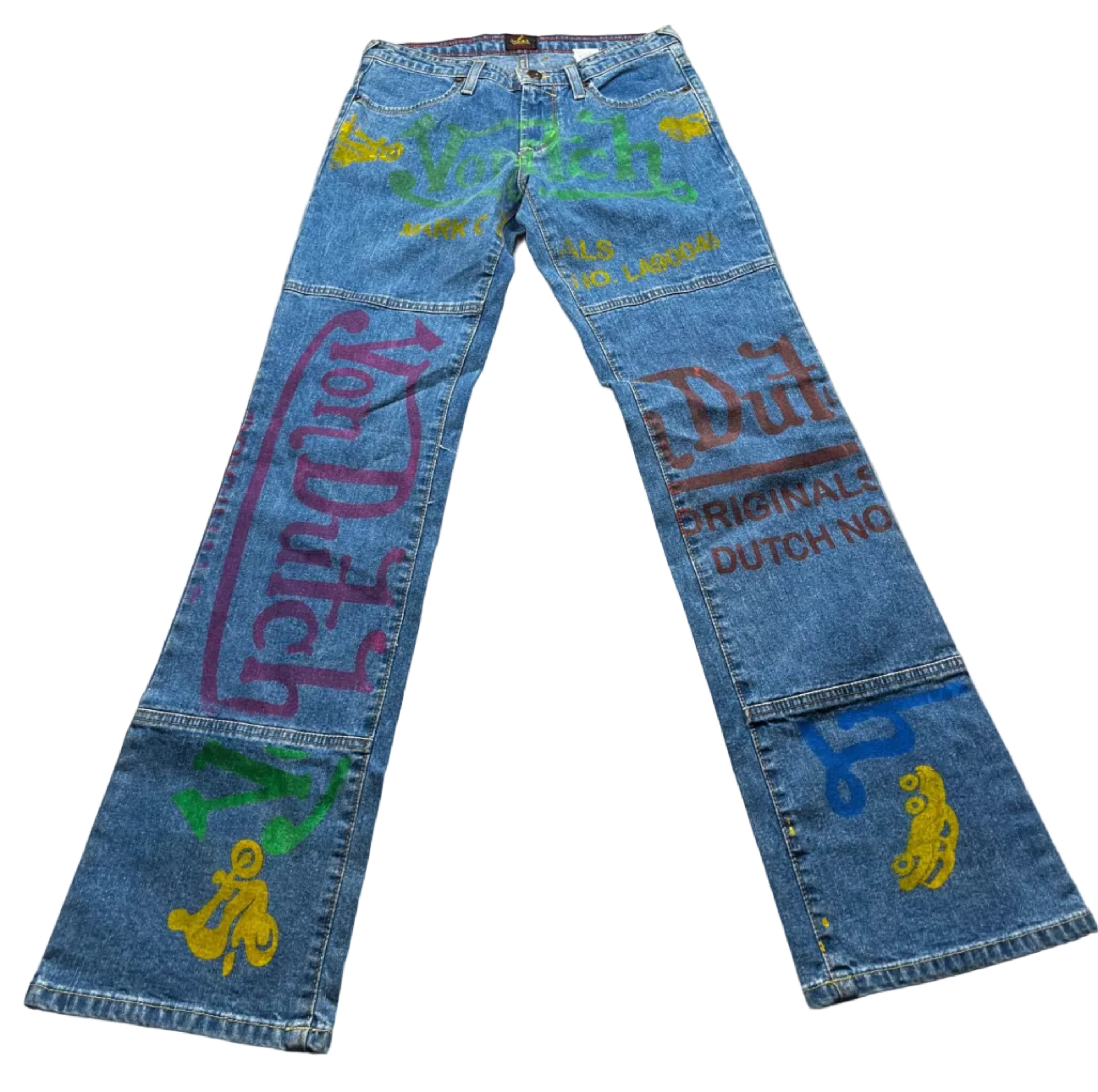 Vintage Y2K Von Dutch All-Over Multi-Color Graphic Flare Jeans