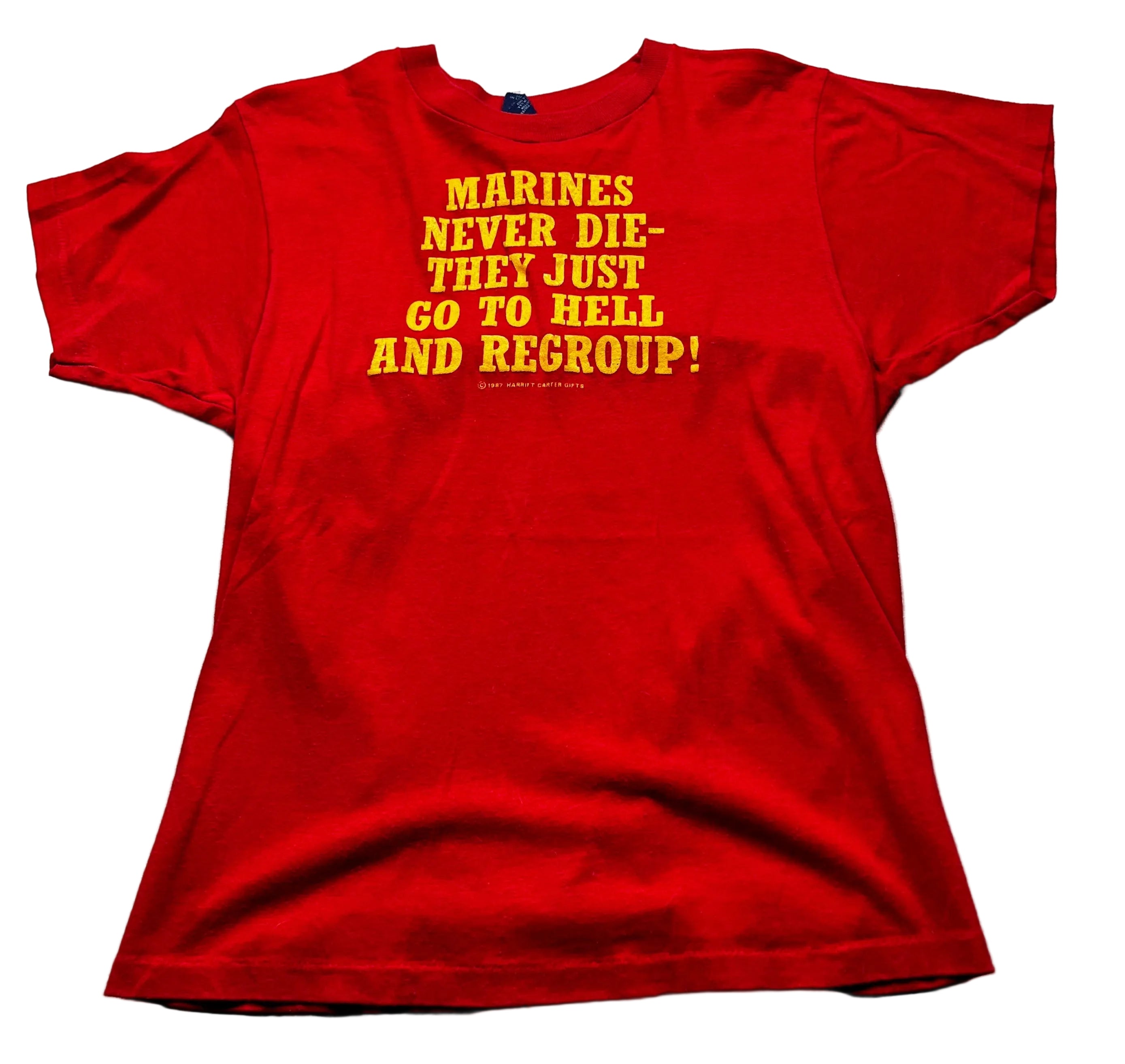 Vintage USMC Marines Never Die Military Text Graphic T-Shirt Red