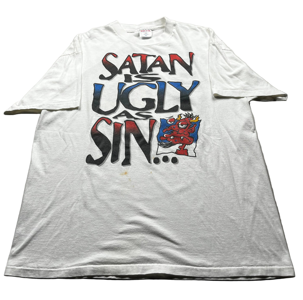 Vintage Satan Is Ugly As Sin Religious Graphic T-Shirt