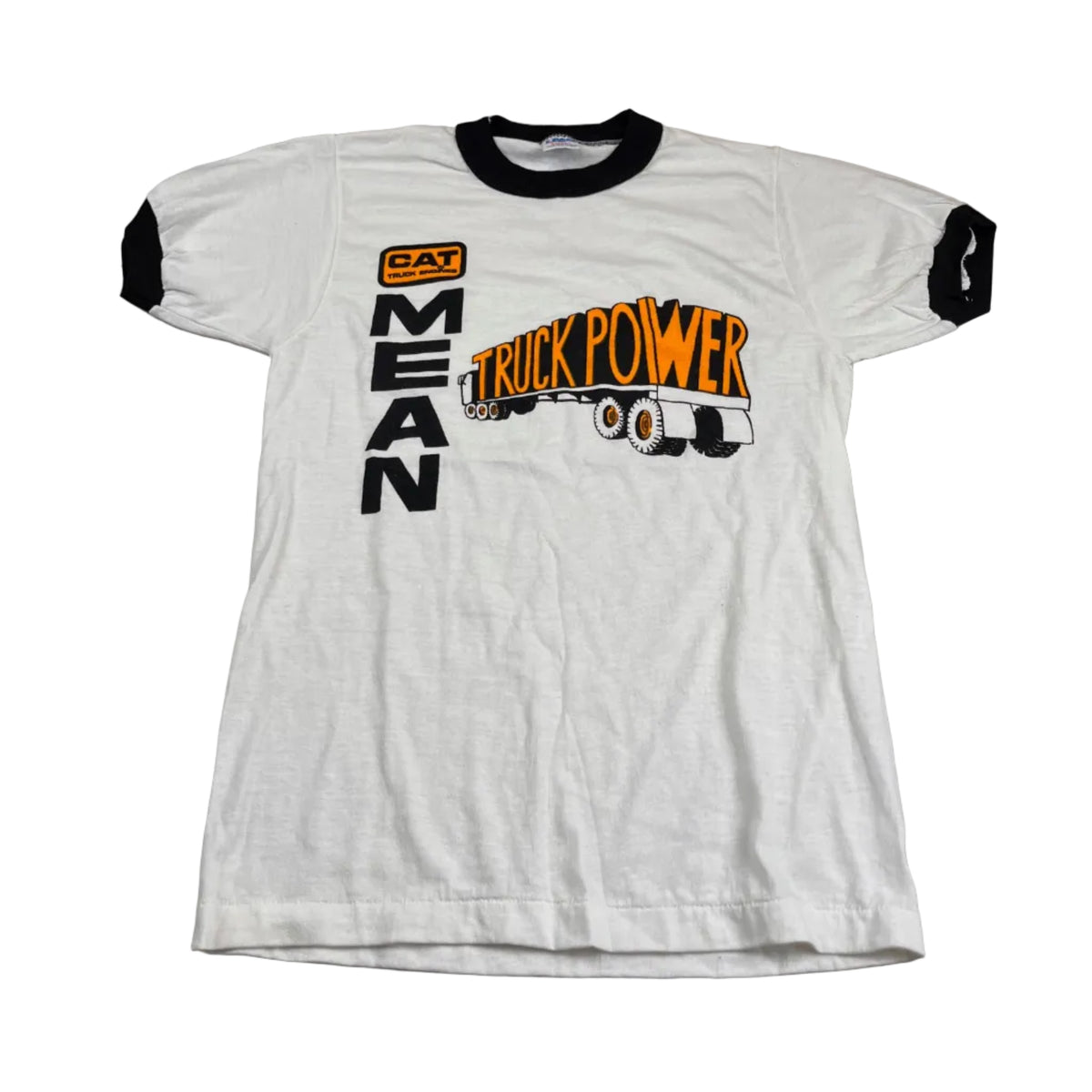 Vintage CAT Mean Truck Power Ringer T-Shirt White/Black