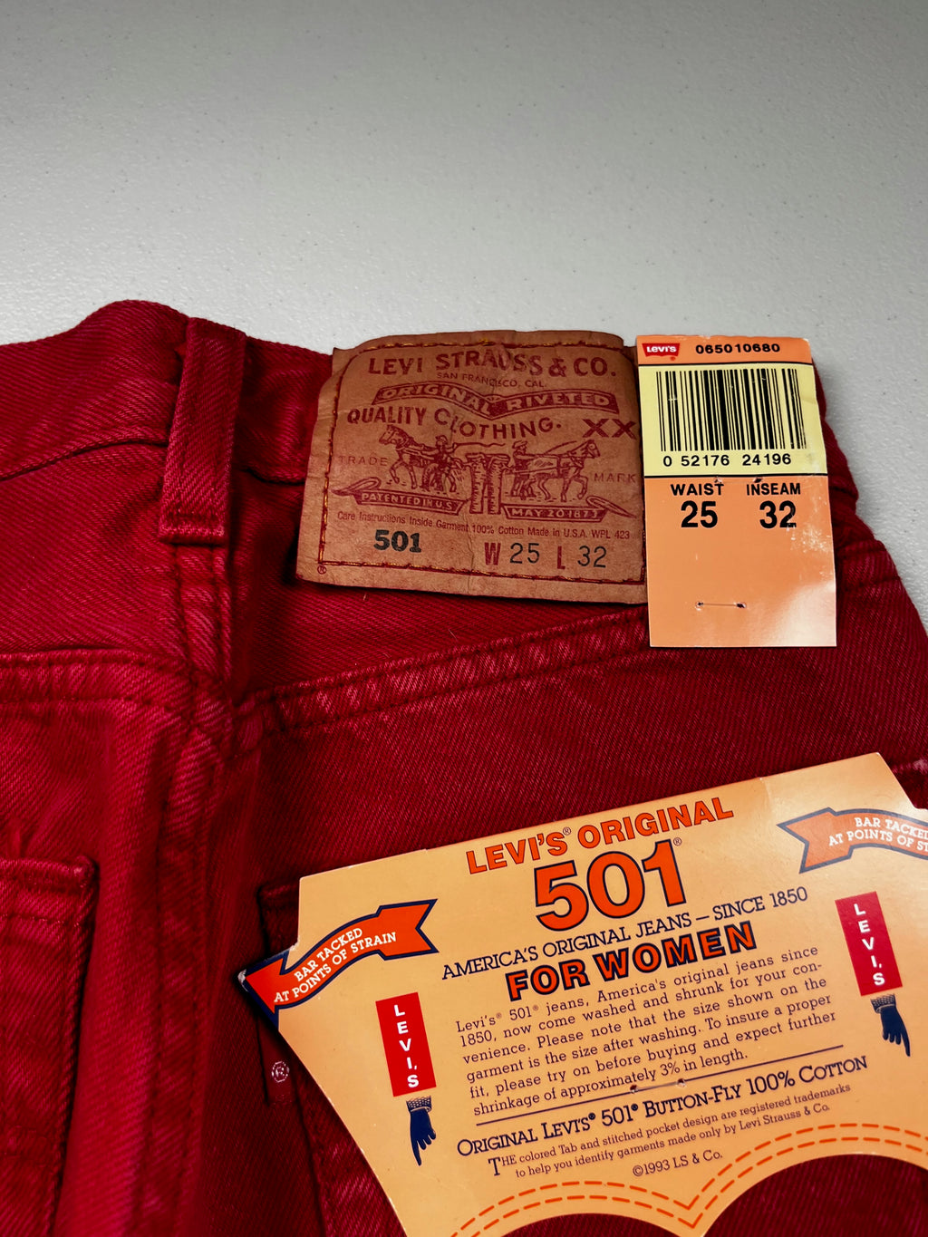 Deadstock Vintage Red Levi's 501 Jeans