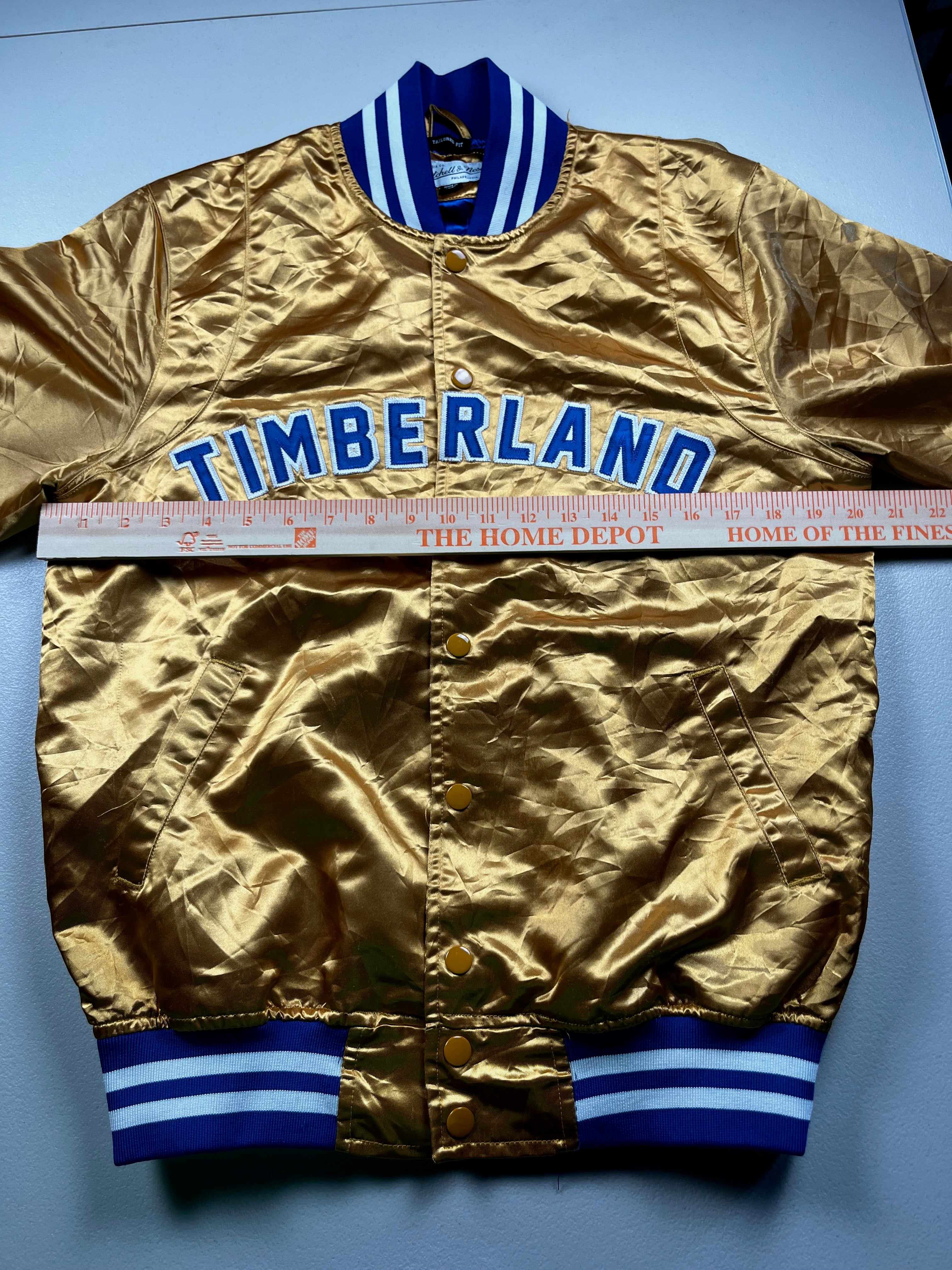 Mitchell & Ness x Timberland Gold Satin Varsity-Style Jacket