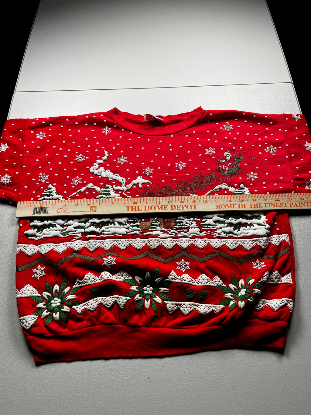 Vintage Red Christmas Holiday Cabin and Santa Sleigh Ugly Sweater