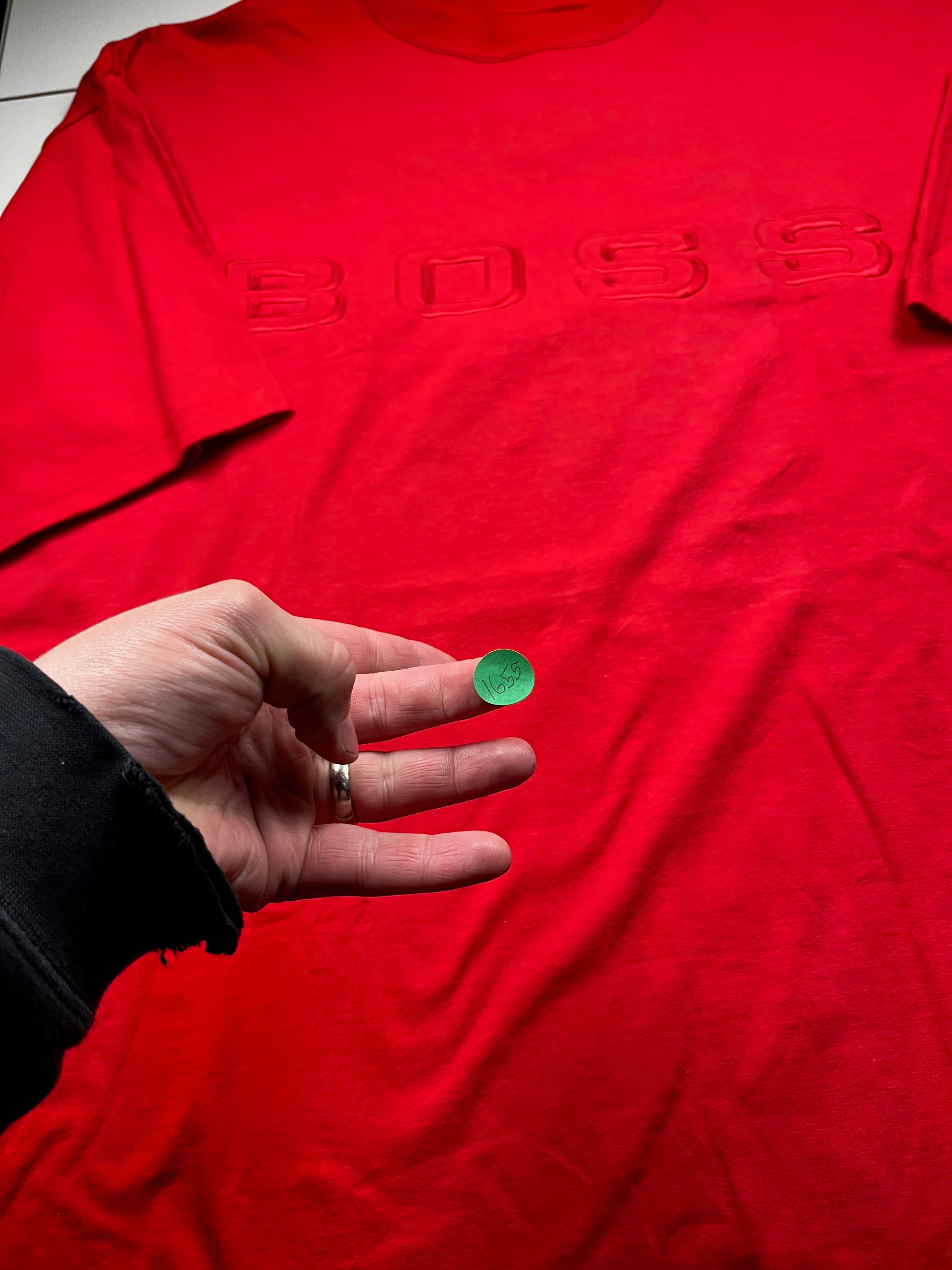 Vintage 90s Hugo Boss Red T-Shirt - Raised Embroidered Logo Heavyweight Tee