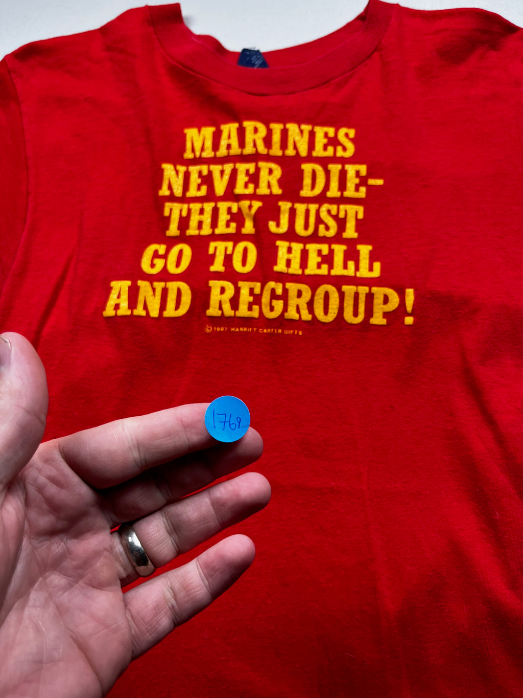 Vintage USMC Marines Never Die Military Text Graphic T-Shirt Red