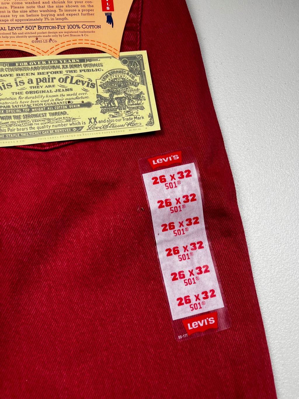 Deadstock Vintage Red Levi's 501 Jeans